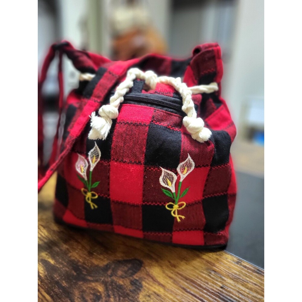 Red Black Buffalo Check Flannel Cabincore Crossbody Rope Drawstring Bucket Bag